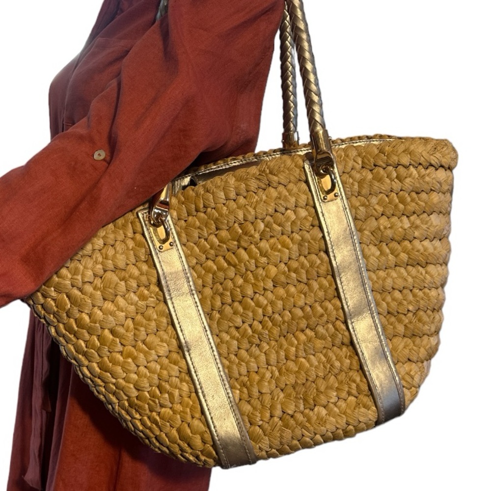 Michael Kors Straw Santorini Tote Gold Leather Chevron Straps Gold Hardware